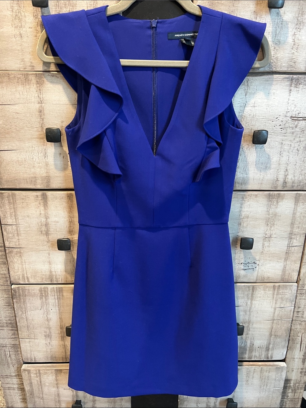 French Connection Cobalt Blue Ruffle V-Neck Mini Dress
